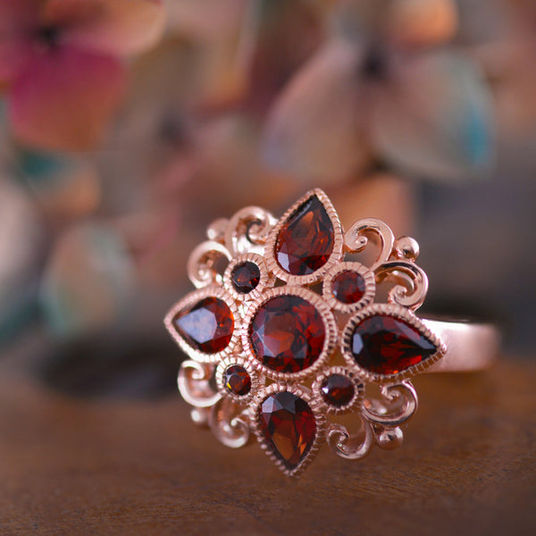 Rose Gold Garnet Ring in Filigree design