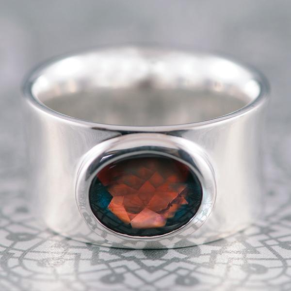 Garnet Oval Horizontal Bezel Set Silver Ring