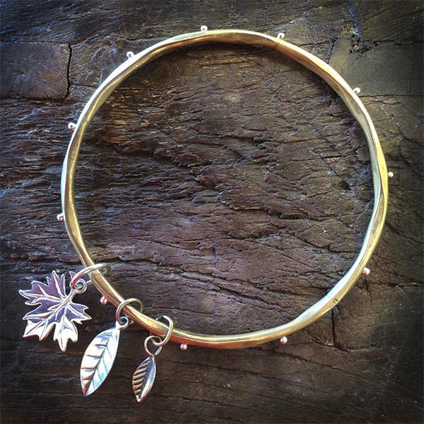Gold Bangle with Leaf Charms