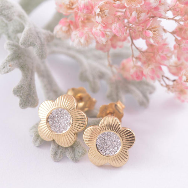 14ct Yellow Gold and Diamond Flower Style Earrings