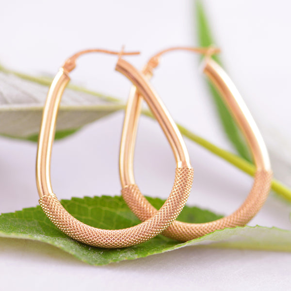 9ct Yellow Gold Oval Tube Hoops with Polished Textured Section