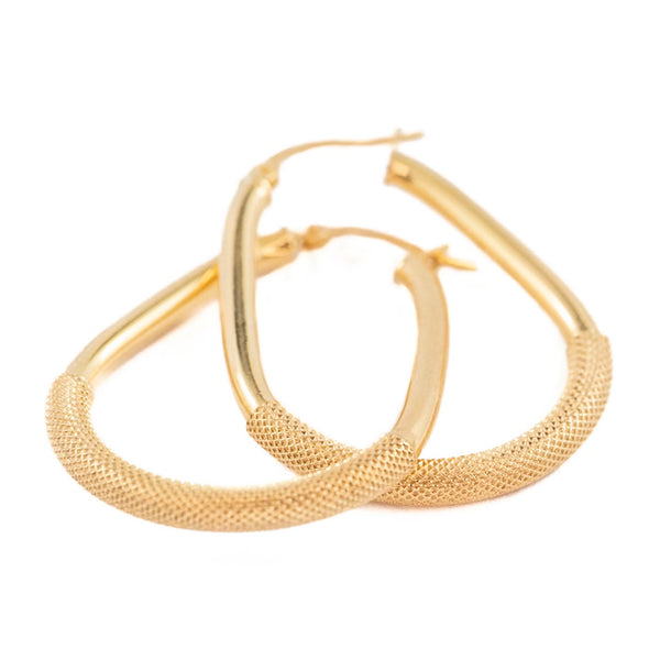 9ct Yellow Gold Oval Tube Hoops with Polished Textured Section