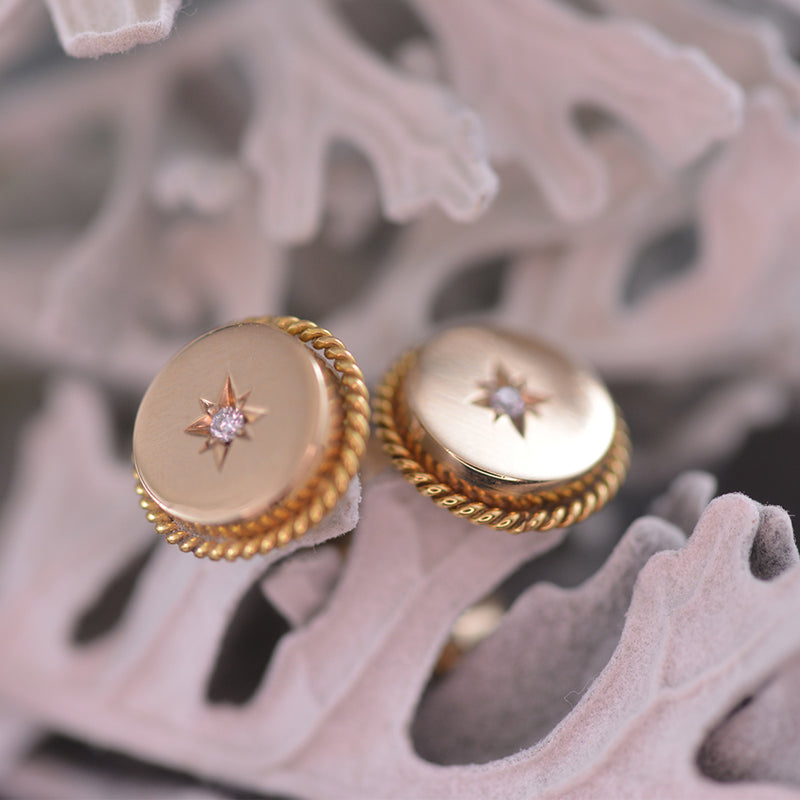 9k Yellow Gold Rope Edging and Star Diamond Disk Stud Earrings