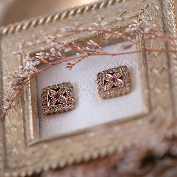 9k Yellow Gold Ruby and Diamond Square Stud Earrings