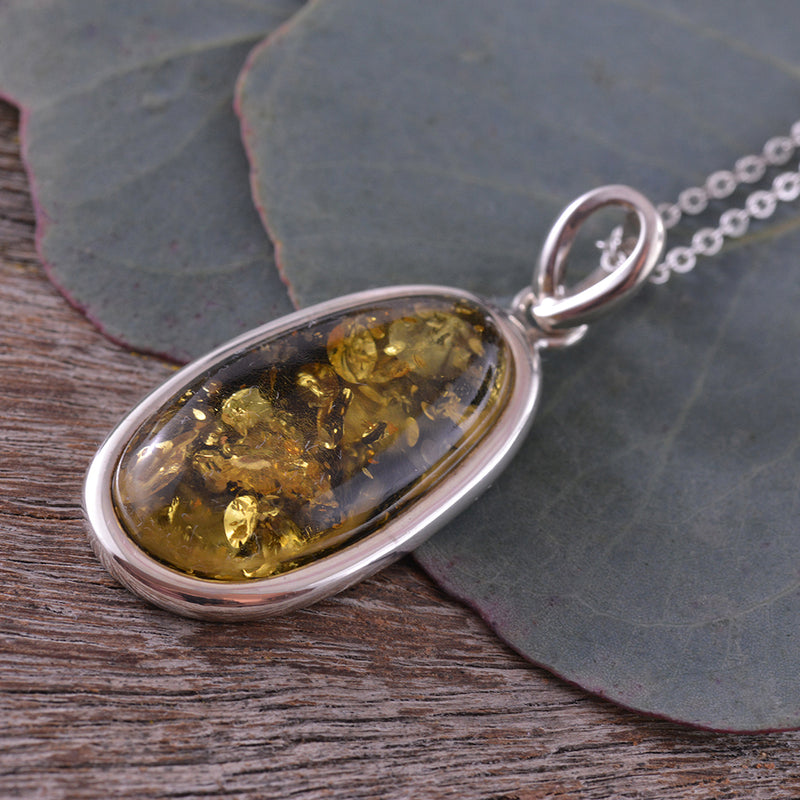 Sterling Silver Green Oval Amber Pendant