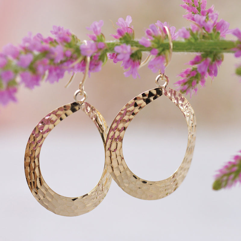 Hammered line textured, Yellow Gold, Oval Drop Hoops.
