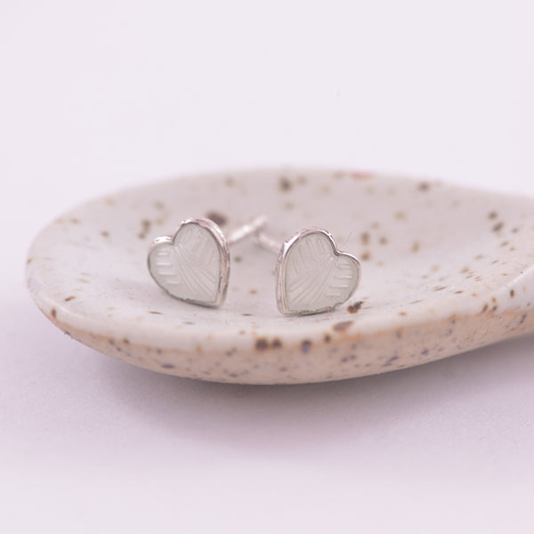 Enamel White Heart Sterling Silver Stud Earrings