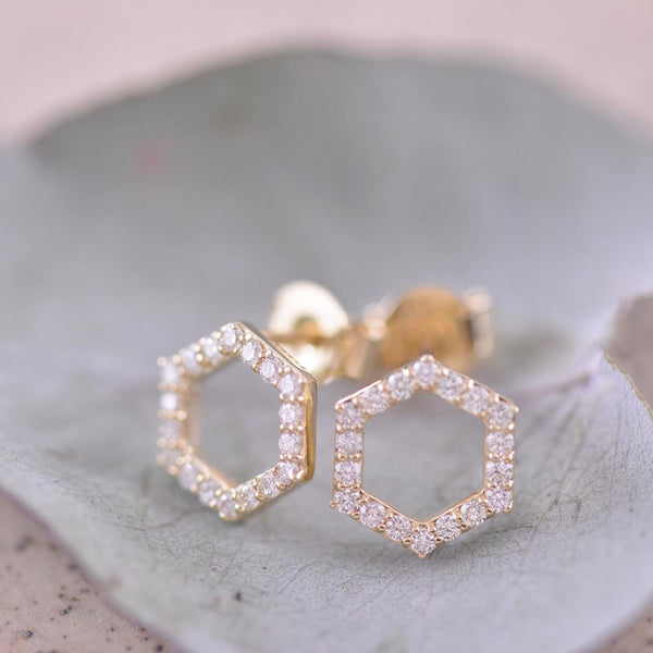 9ct Yellow Gold Diamond Hexagon Stud Earrings