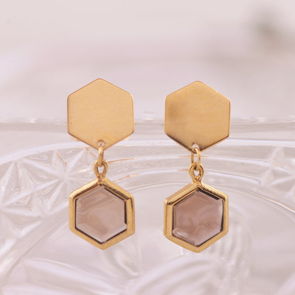 9ct Yellow Gold Hexagon Smokey Quartz Stud Earrings
