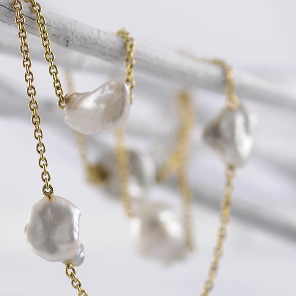 Keishi Pearl Strand Necklace with 18k Yellow Gold chain
