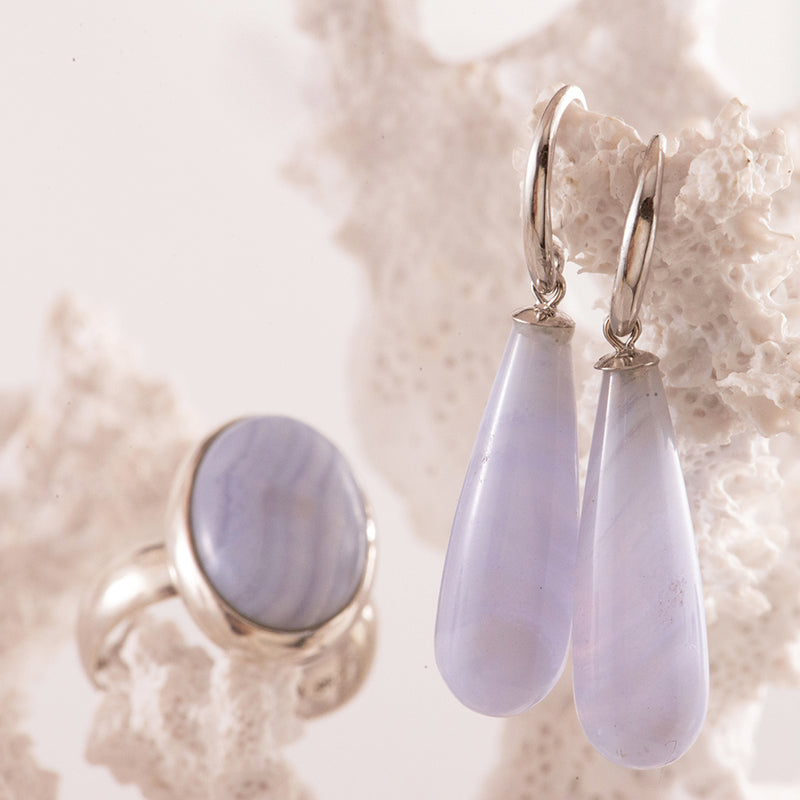 9ct White Gold Drop Blue Lace Agate Earrings