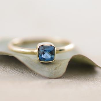 London Blue Topaz Cushion Bezel Ring in 9ct Yellow Gold