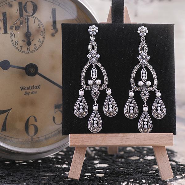 Marcasite And Pearl Drop Dangle Earrings set in Sterling Silver