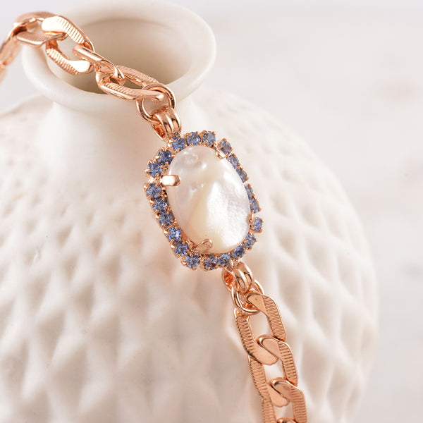 Pearlescent and Light Blue Halo Crystal and Rose Gold Plated Bracelet