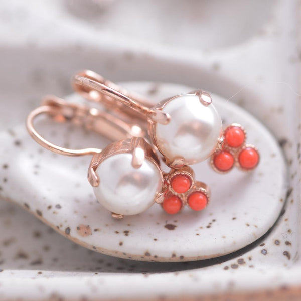 Mariana Red Coral and Swarovski Pearl Earrings