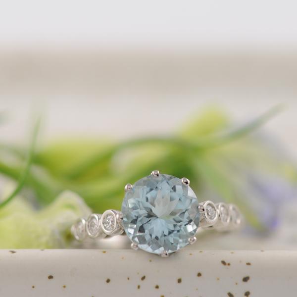 Mid Blue Aquamarine Ring in Platinum  2.5ct 9mm Round