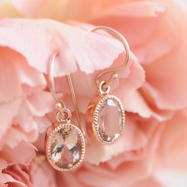 Morganite Drop Earrings with Milgrain and Shepherd Hooks in 9ct Rose Gold