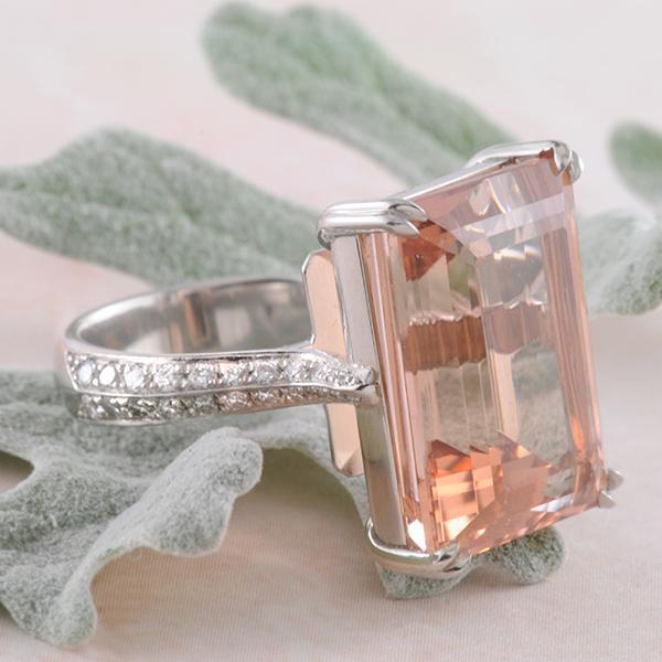 Morganite Emerald Cut and Diamond Ring in Platinum