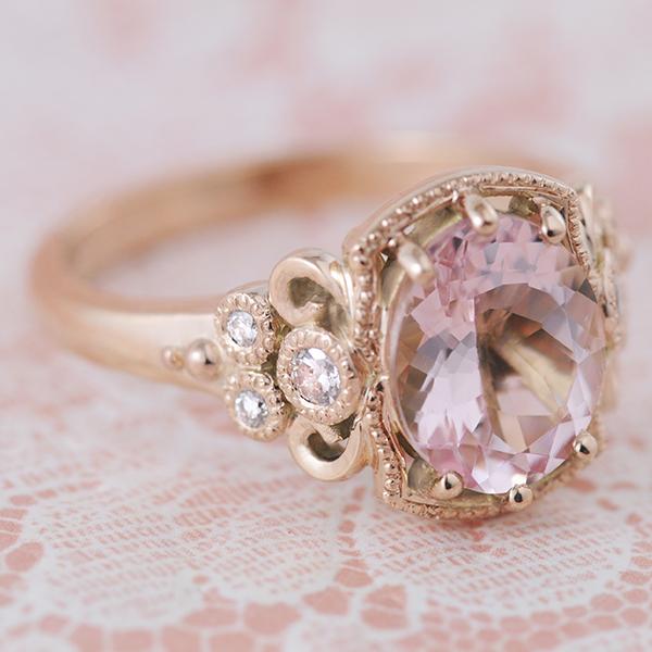 Morganite, Diamond, and Pink Sapphire Rose Gold, Filigree Ring