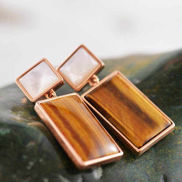 Rose Gold Plated Rectangular Tigers Eye Drop Earrings