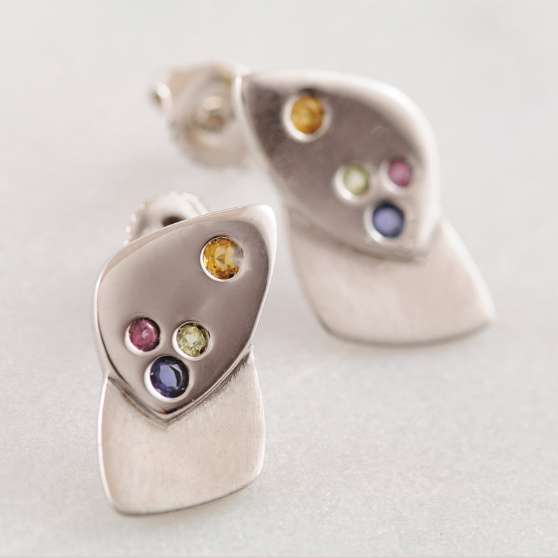 Sterling Silver Rhodium plated Stud Earrings with Multicoloured stones