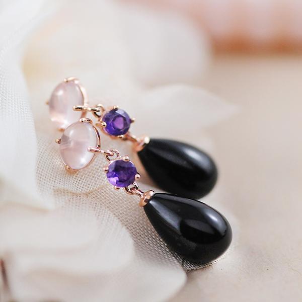 Onyx Amethyst and Rose Quartz Earrings