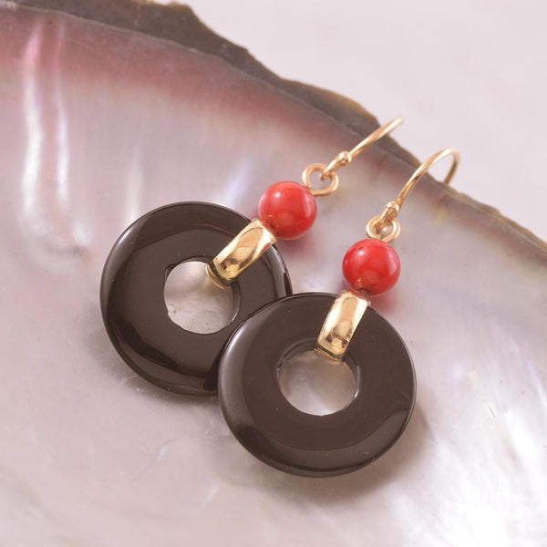 9ct Yellow Gold Round Onyx and Coral Bead Drop Earrings