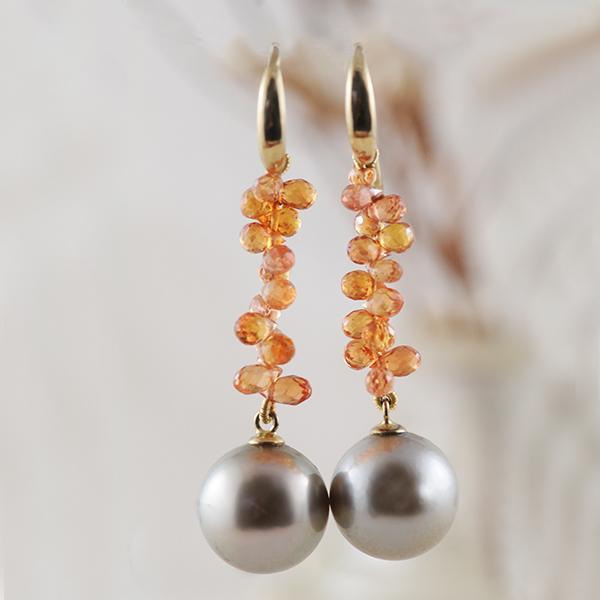 Orange Sapphire Tahitian Pearl Earrings