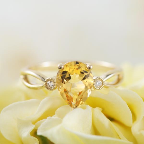 Pear Citrine and Diamond 9K Yellow Gold Ring with Split Band