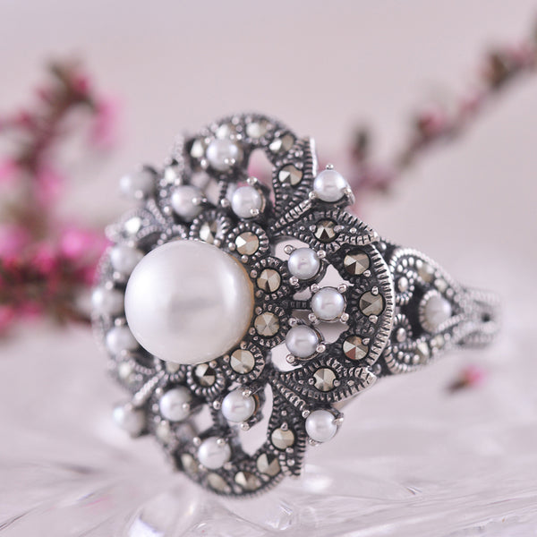 Sterling Silver Marcasite and Pearl Ring