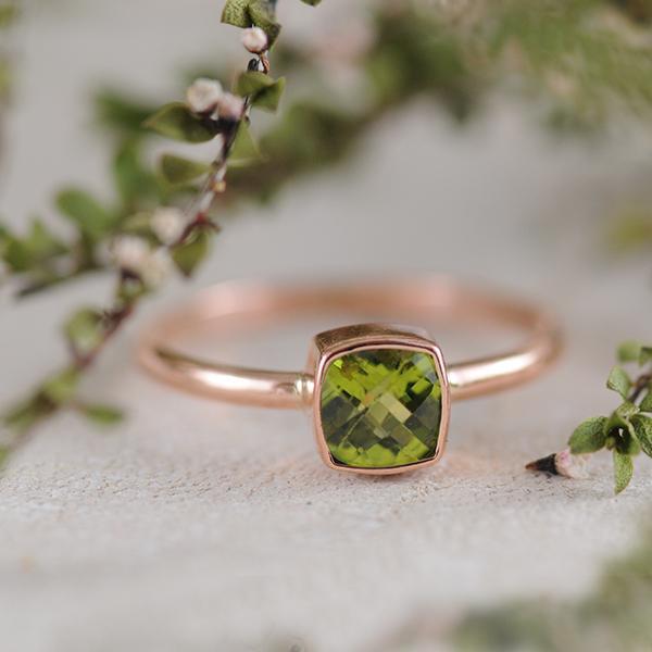 Peridot Cushion Cut Ring Bezel Set in 9k Rose Gold