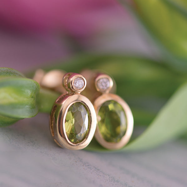 Peridot and Diamond Bezel set 9K Yellow Gold Earrings