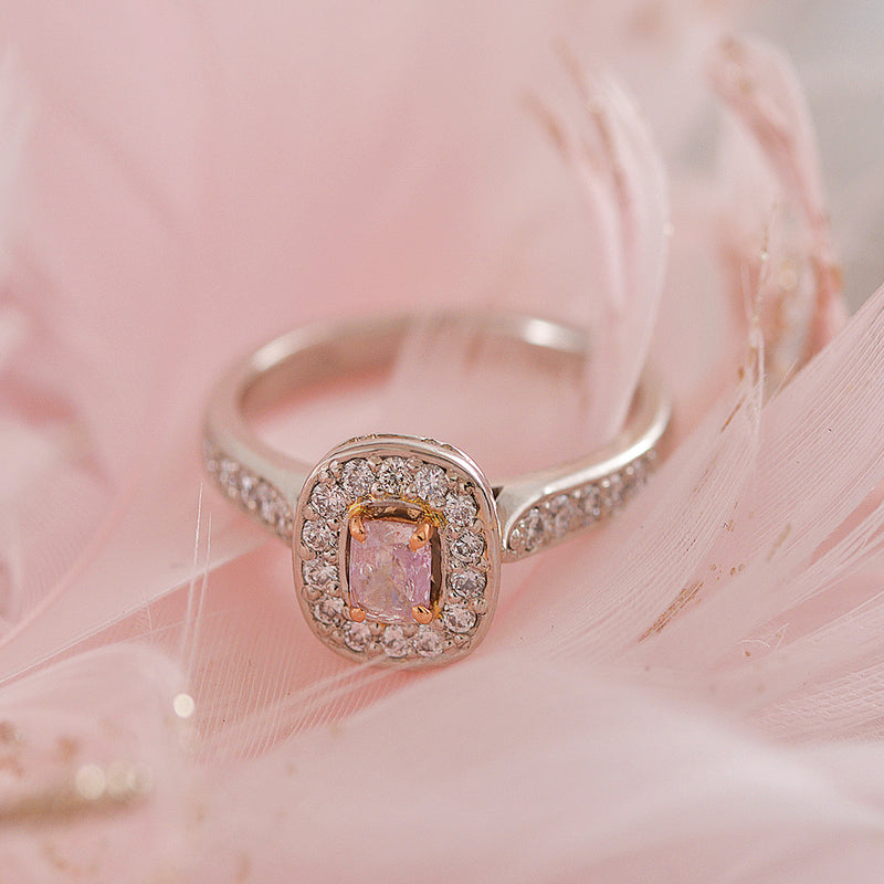 Pink Diamond Platinum Ring with White Diamond Halo