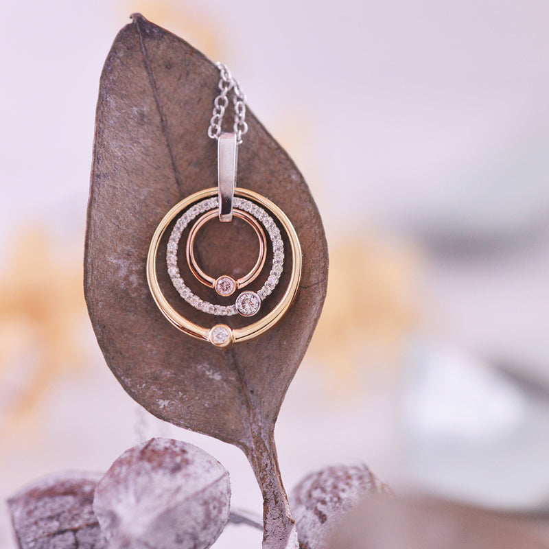 Pink Australian Argyle Diamond & White Diamond Tri-tone Three Circle Pendant