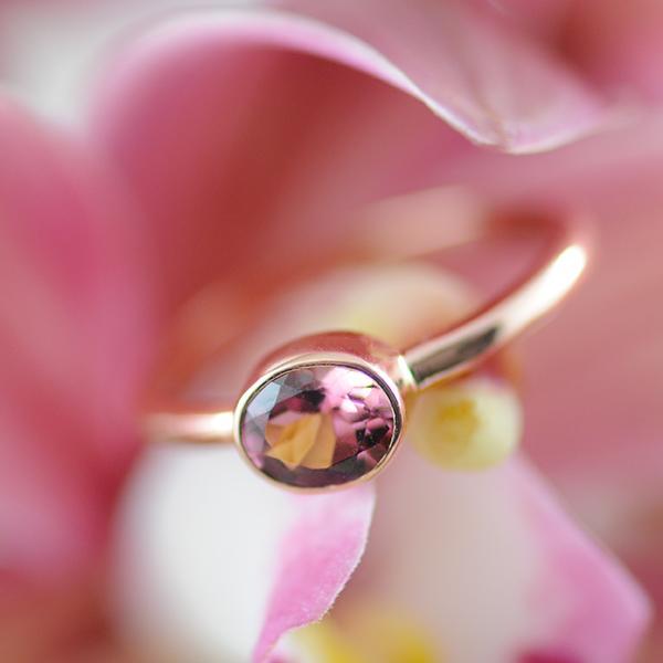 Pink, Oval Tourmaline Ring Horizontal Bezel set in 9k Rose Gold