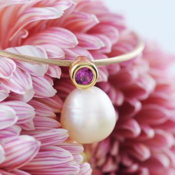 Pink Sapphire and Pale Golden South Sea Pearl Pendant in 18k Yellow Gold