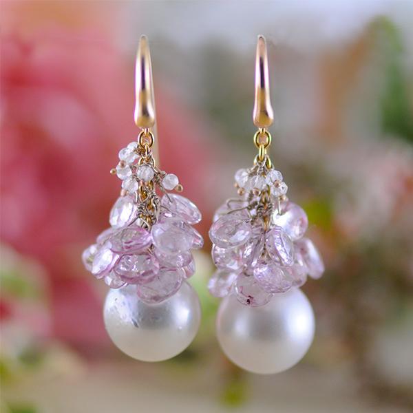 Pink-Topaz Briolettes Earrings with South Sea Pearl & 9k Yellow Gold Hook