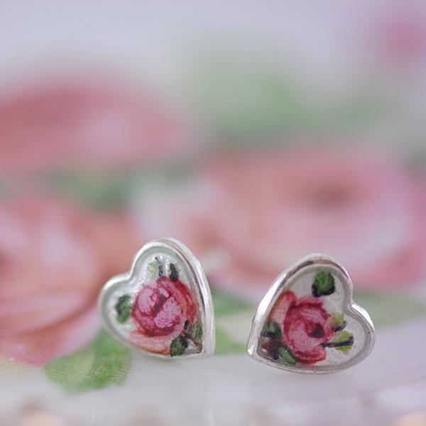 Rose Enamel Heart Sterling Silver Studs