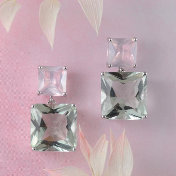 Rose Quartz And Green Amethyst Earrings in Sterling Silver