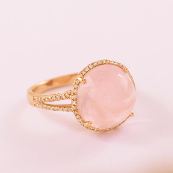 Rose Quartz and 14K Diamond Rose Gold Ring