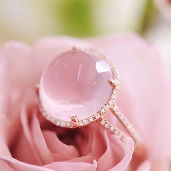 Rose Quartz and 14K Diamond Rose Gold Ring