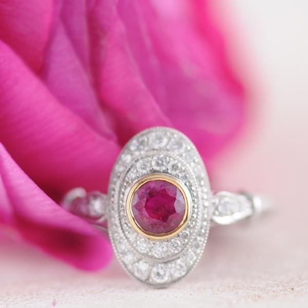 Ruby & Diamond Ring Bezel set in 18k White & Yellow Gold