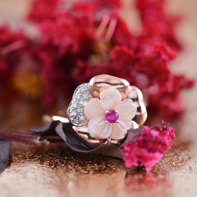 Ruby and carved Mother of Pearl, Diamond, Rose Gold 9k Ring