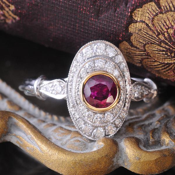 Ruby & Diamond Ring Bezel set in 18k White & Yellow Gold