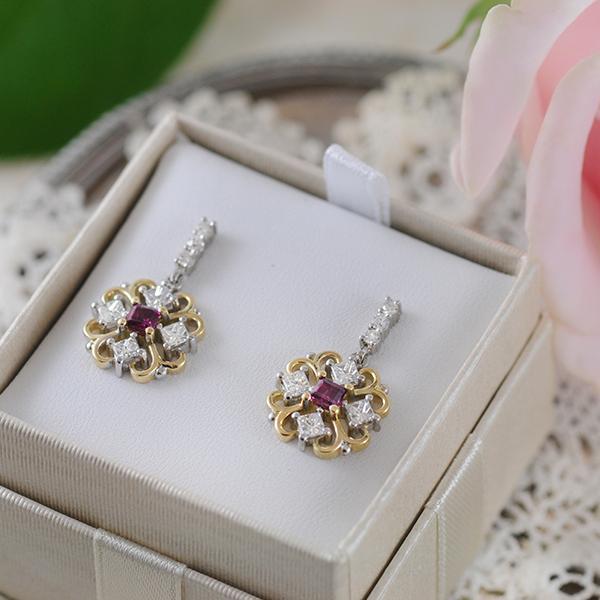 Ruby and Diamond Cluster Earrings in Yellow and White Gold