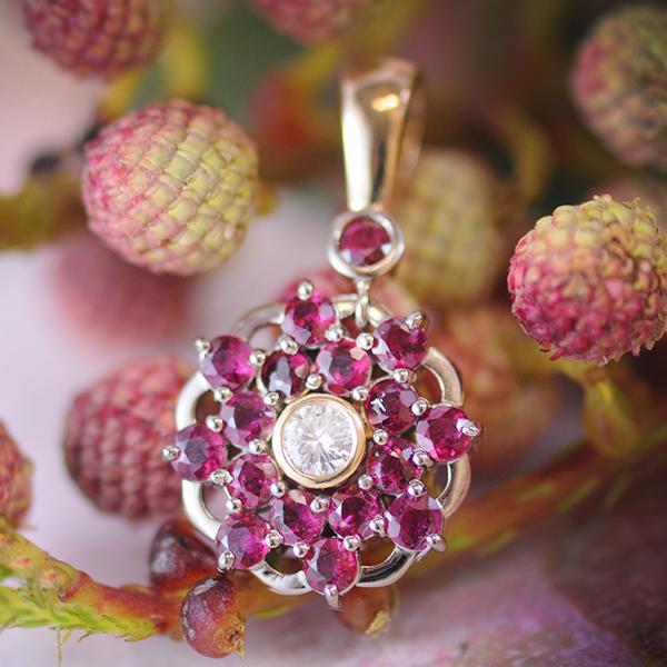 Ruby and Diamond Cluster Pendant in Yellow Gold