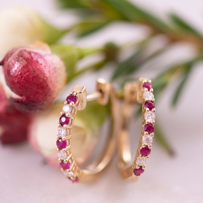 Ruby and Diamond Huggie Earrings in 9ct Yellow Gold