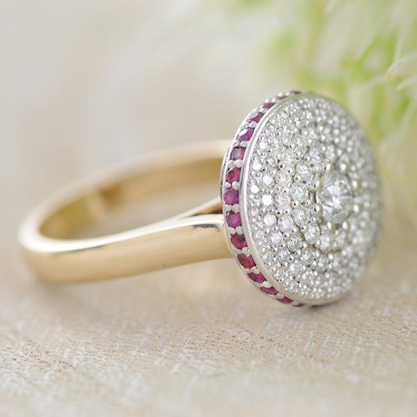 Ruby and Diamond Halo Dress Ring with Flower Basket in Yellow and White Gold