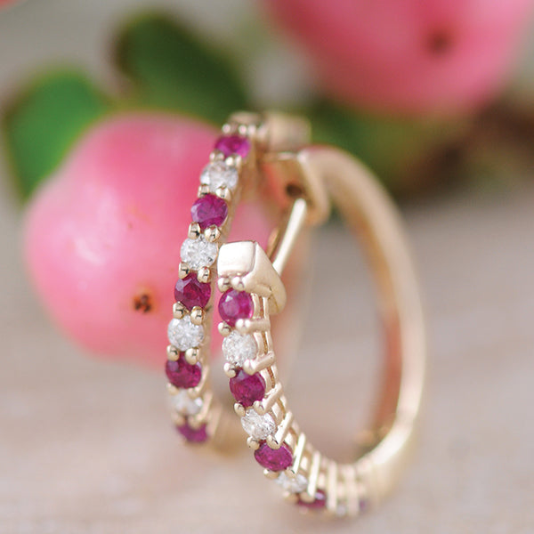 Ruby and Diamond Huggie Earrings in 9ct Yellow Gold