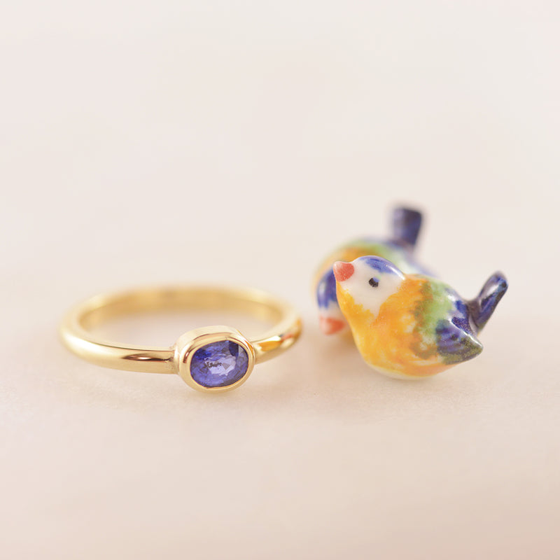 Blue Sapphire Oval Gemstone Bezel set in 9K yellow Gold Ring - Hand-made.
